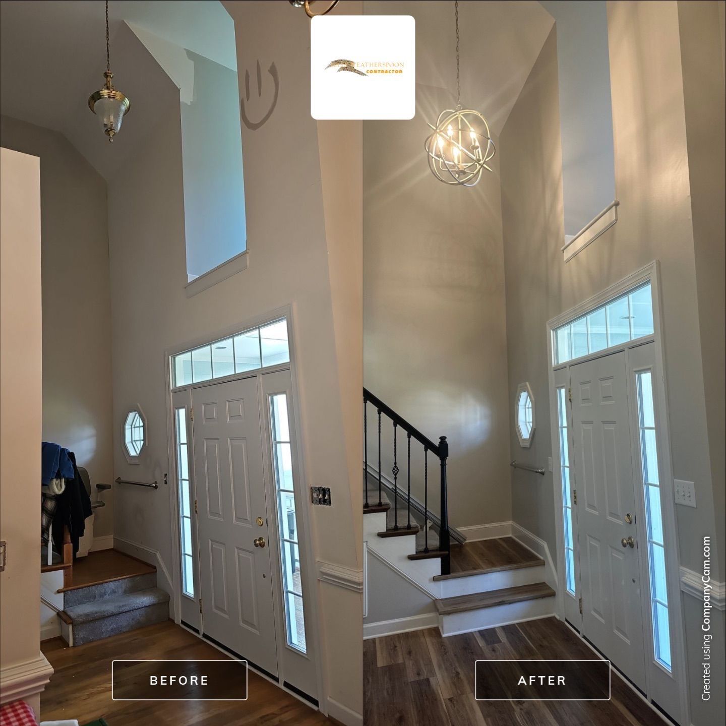 Before and after: Foyer & Stairwell Repaint in Raleigh, NC